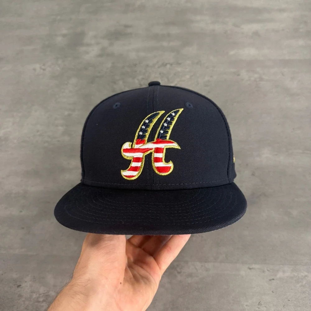 New Era Hartford Yard Goats Hat 7 1/4 Navy Red USA Flag Patch 59FIFTY MiLB